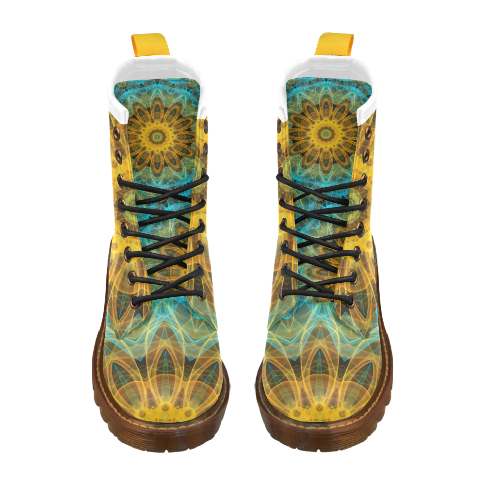 Blue yellow Ocean Star flower mandala High Grade PU Leather Martin Boots For Women Model 402H