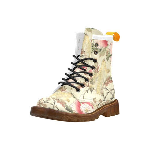 Peony flowers & Birds, japanese woodcut print, High Grade PU Leather Martin Boots For Women Model 402H