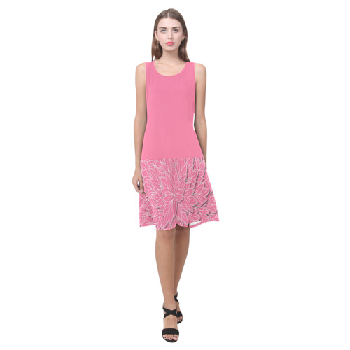 floating leaf pattern pink white Sleeveless Splicing Shift Dress(Model D17)