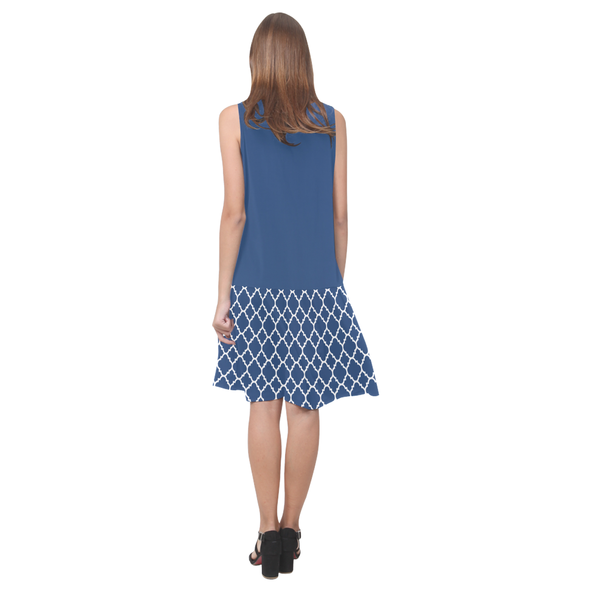 dark blue white quatrefoil classic pattern Sleeveless Splicing Shift Dress(Model D17)