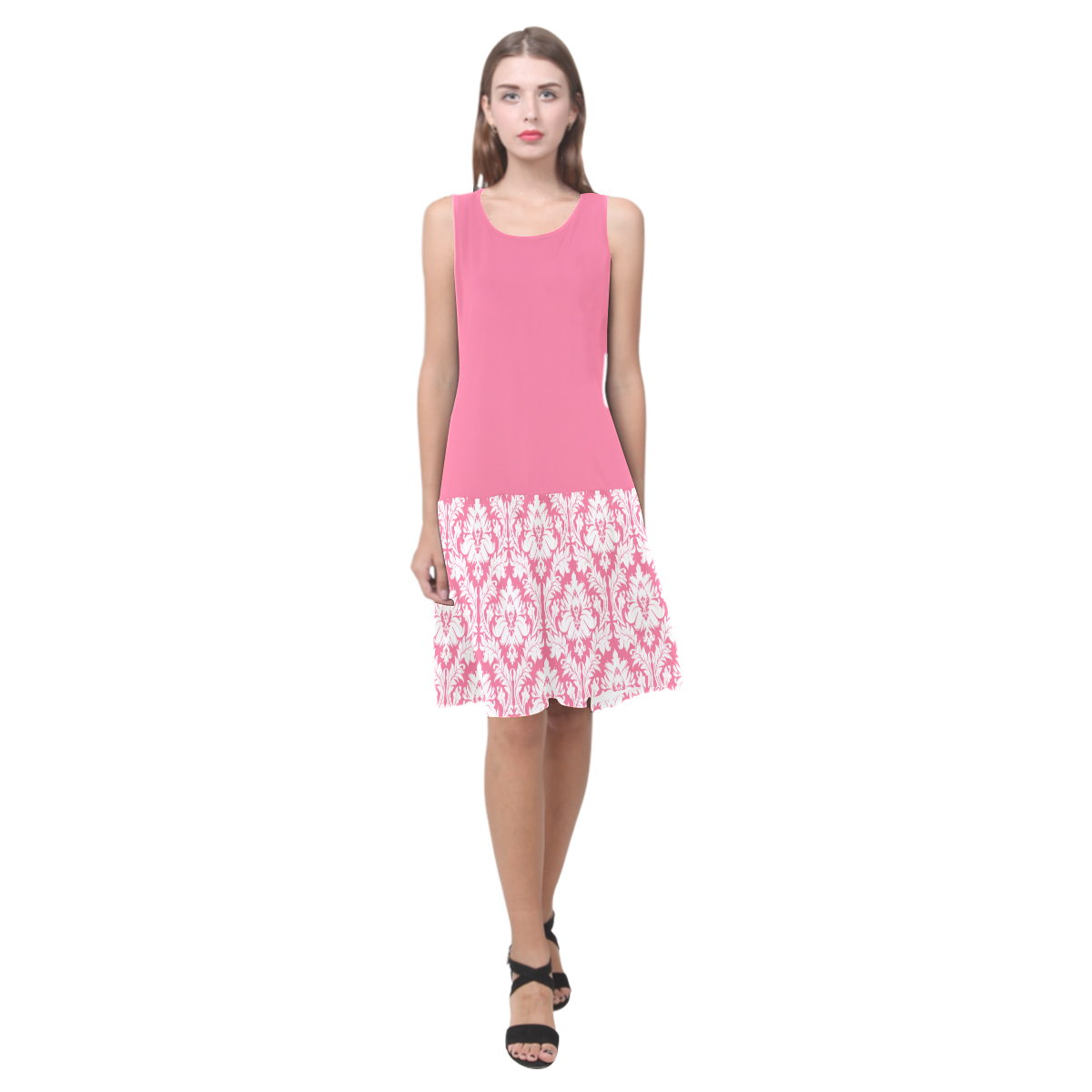 damask pattern pink and white Sleeveless Splicing Shift Dress(Model D17)