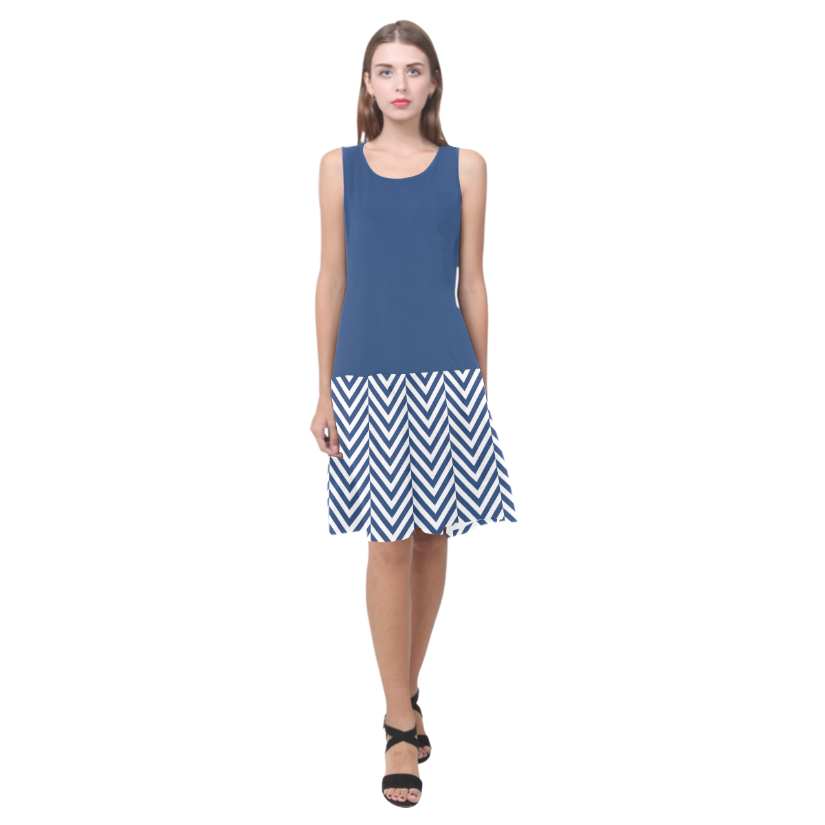 dark blue and white classic chevron pattern Sleeveless Splicing Shift Dress(Model D17)