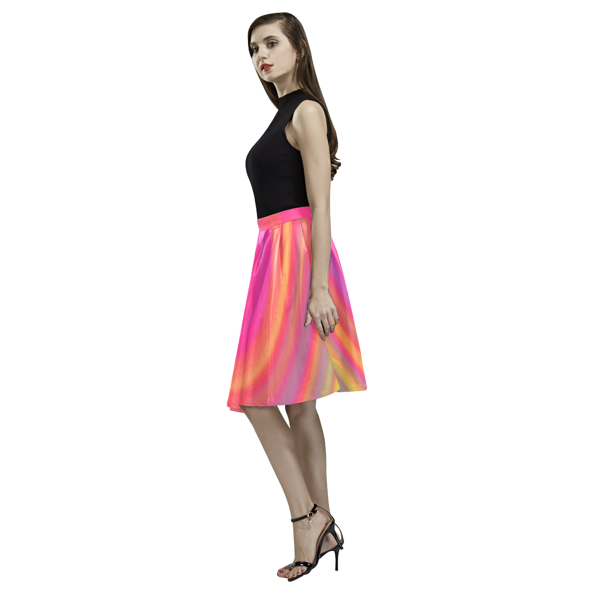Rainbow Swirls Melete Pleated Midi Skirt (Model D15)