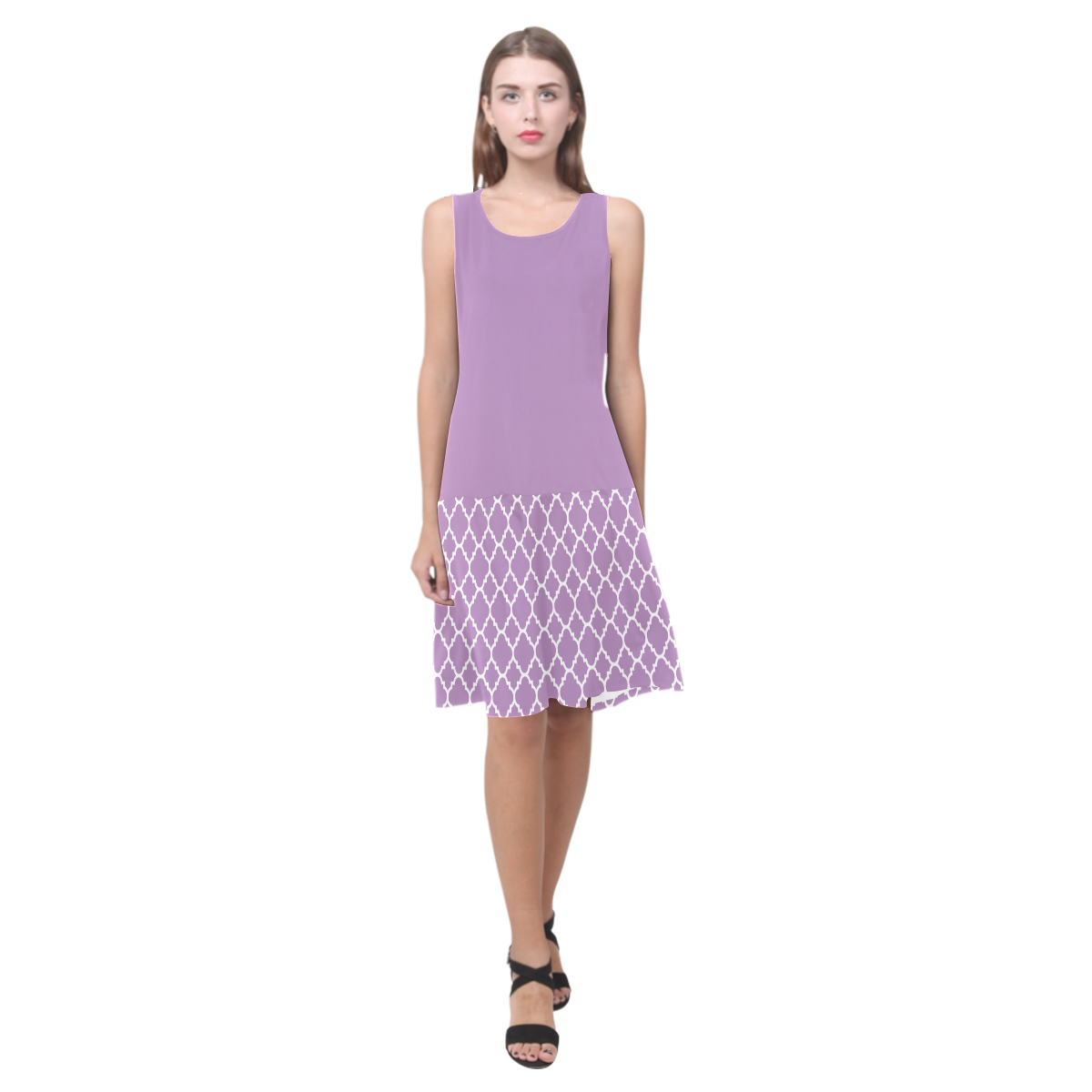 purple lilac white quatrefoil classic pattern Sleeveless Splicing Shift Dress(Model D17)
