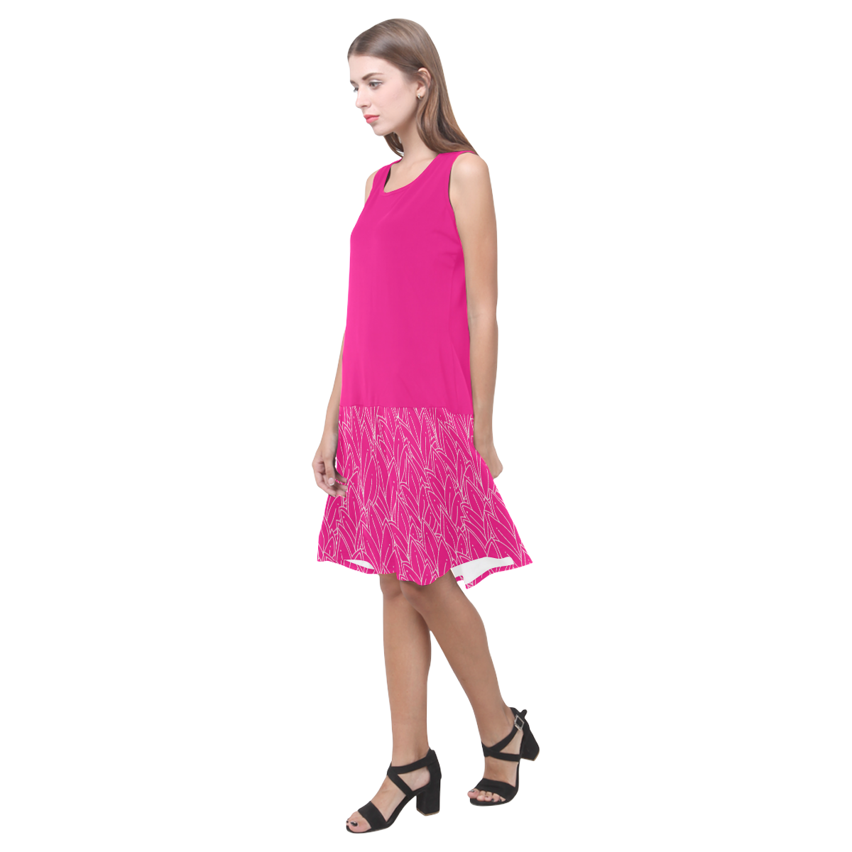 doodle leaf pattern hot pink & white Sleeveless Splicing Shift Dress(Model D17)