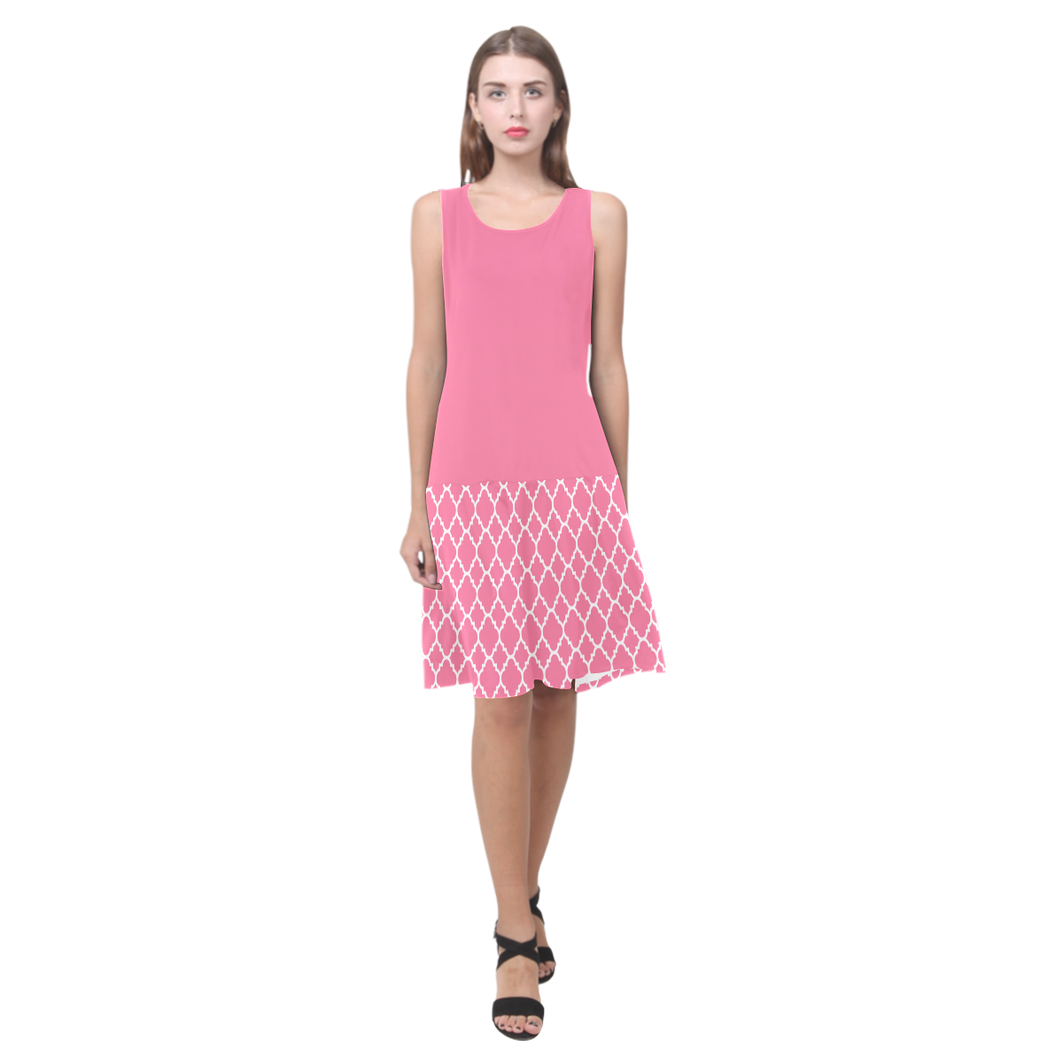 pink white quatrefoil classic pattern Sleeveless Splicing Shift Dress(Model D17)
