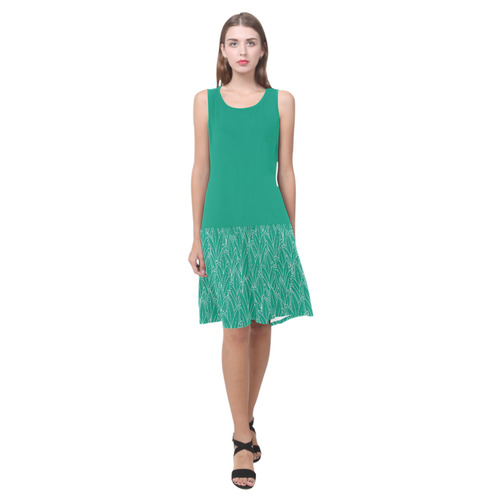 doodle leaf pattern emerald green & white Sleeveless Splicing Shift Dress(Model D17)