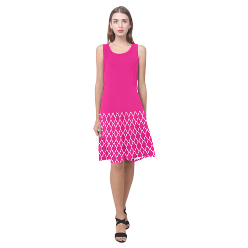 hot pink white quatrefoil classic pattern Sleeveless Splicing Shift Dress(Model D17)