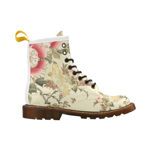 Peony flowers & Birds, japanese woodcut print, High Grade PU Leather Martin Boots For Women Model 402H