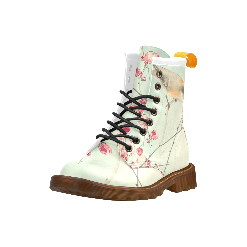 Oriental Bird pink blossom, Japanese woodcut print High Grade PU Leather Martin Boots For Women Model 402H