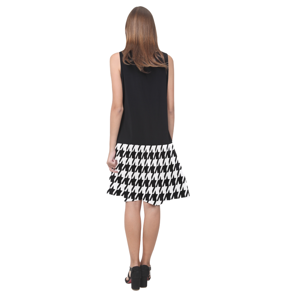black and white houndstooth classic pattern Sleeveless Splicing Shift Dress(Model D17)