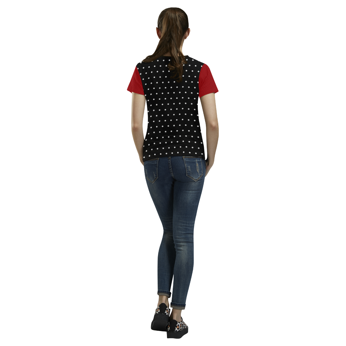 White polka dots on black with hairline chevons on red sleeves VAS2 All Over Print T-Shirt for Women (USA Size) (Model T40)