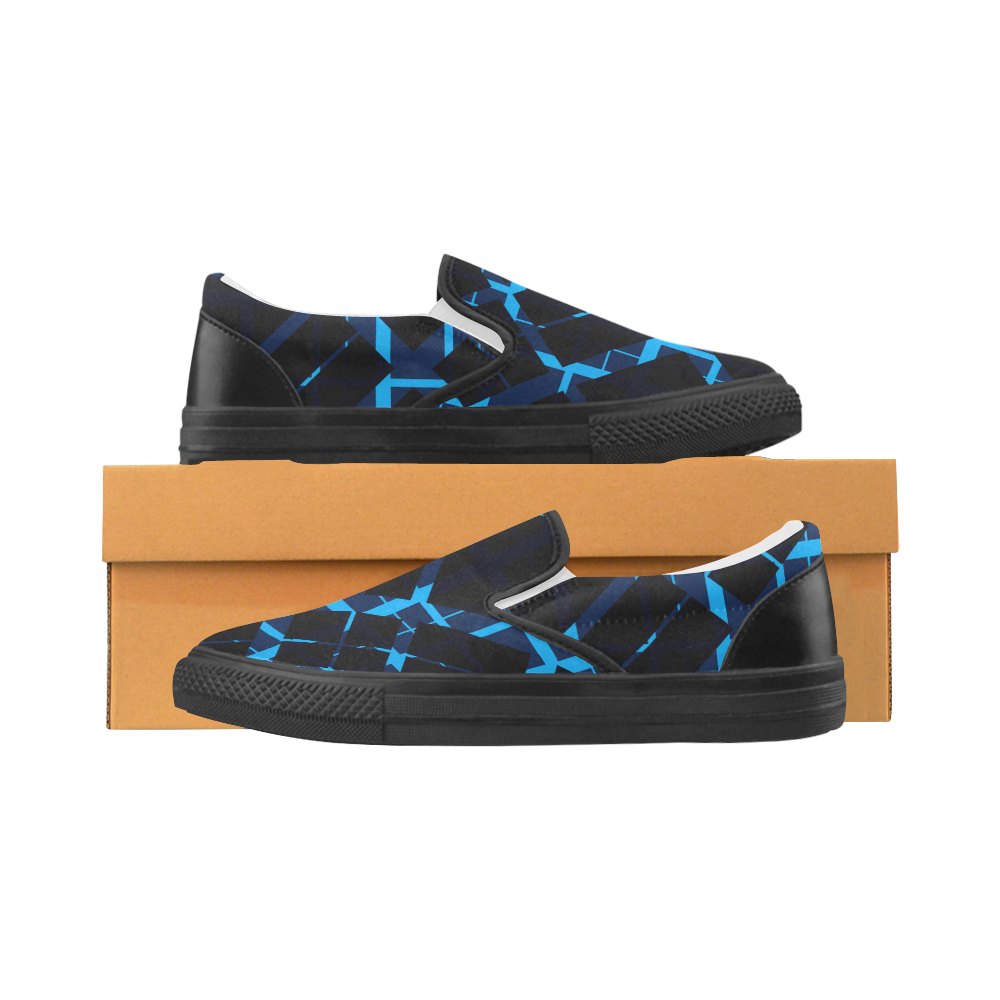 Diagonal Blue & Black Plaid Hipster Style Men's Slip-on Canvas Shoes (Model 019)