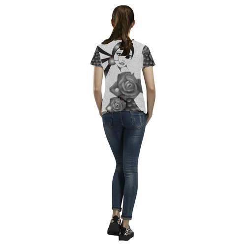 Girl With Rose All Over Print T-Shirt for Women (USA Size) (Model T40)