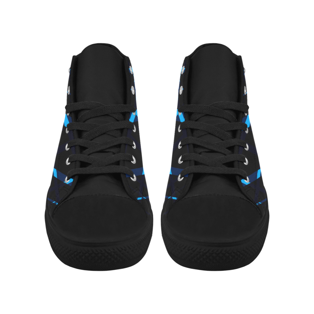 Diagonal Blue & Black Plaid Hipster Style Aquila High Top Microfiber Leather Men's Shoes/Large Size (Model 032)