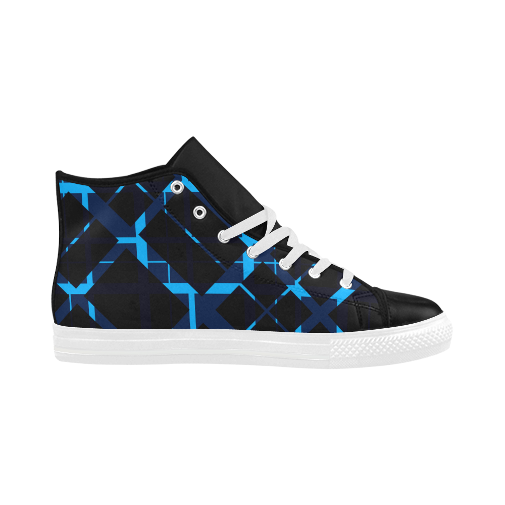 Diagonal Blue & Black Plaid Hipster Style Aquila High Top Microfiber Leather Men's Shoes (Model 032)