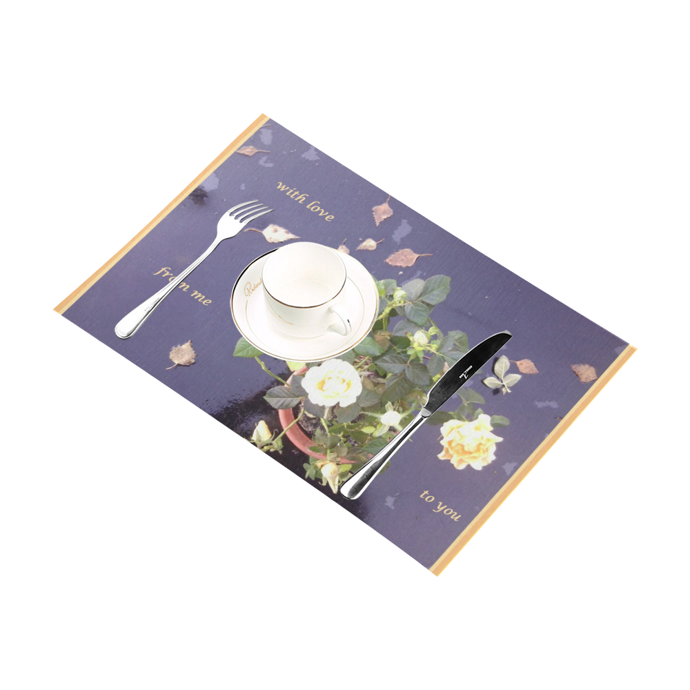 Peachy Yellow Rose on Glass Table with love Wording Placemat 12''x18''