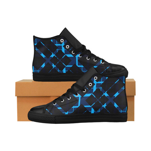 Diagonal Blue & Black Plaid Hipster Style Aquila High Top Microfiber Leather Men's Shoes/Large Size (Model 032)
