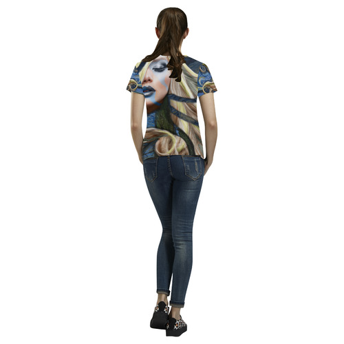 Blue Yellow Girl All Over Print T-Shirt for Women (USA Size) (Model T40)