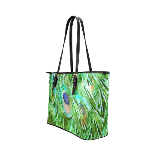 Watercolor Peacock Feathers Leather Tote Bag/Small (Model 1651)