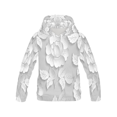 Grey White Rose Flowers All Over Print Hoodie for Women (USA Size) (Model H13)