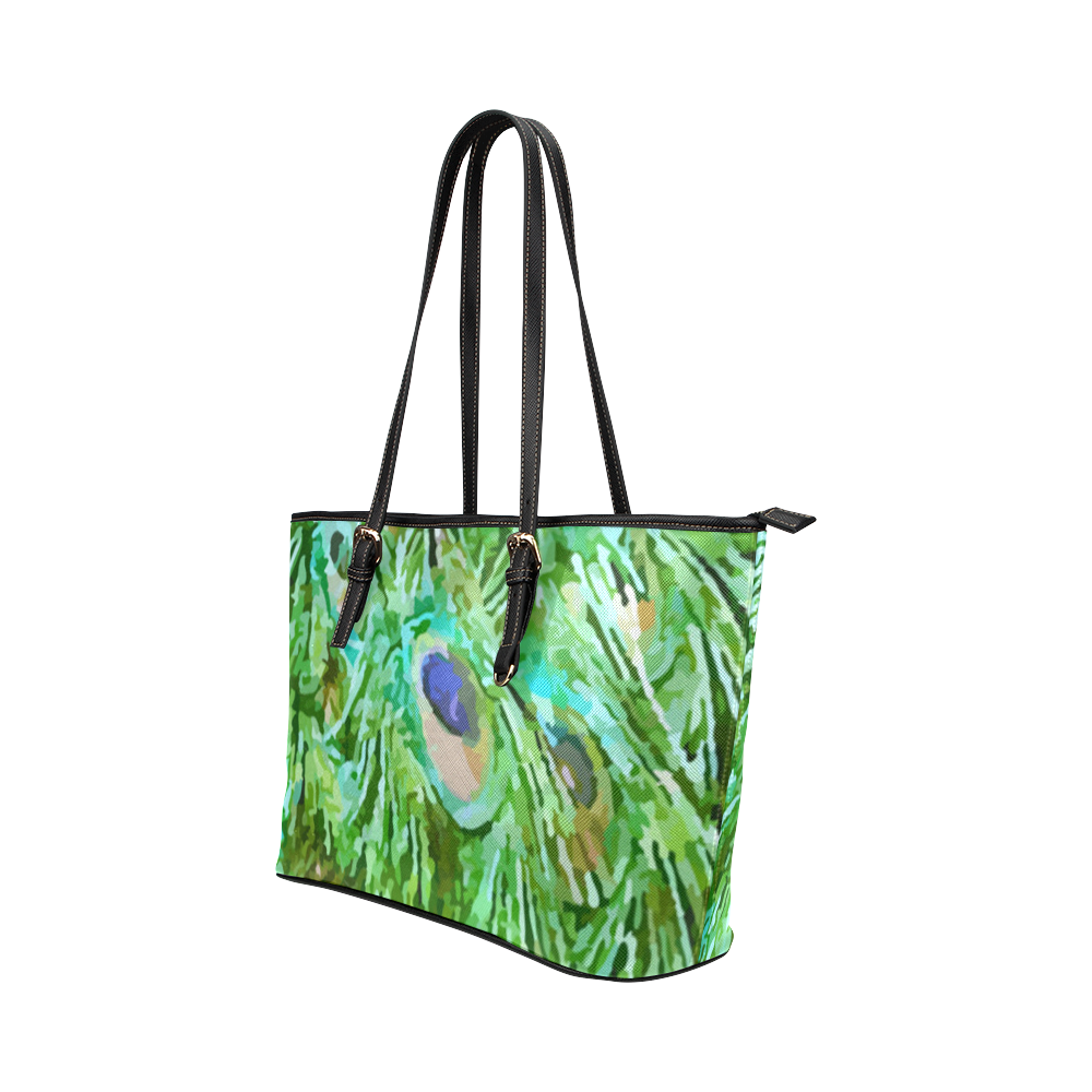 Watercolor Peacock Feathers Leather Tote Bag/Large (Model 1651)