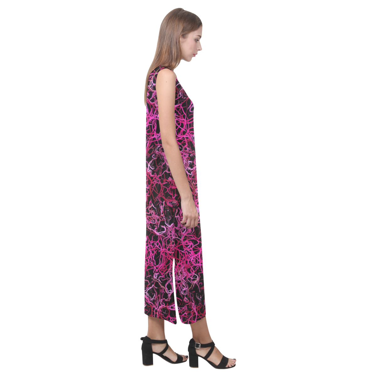 Hot Pink and Black Electric Lines Phaedra Sleeveless Open Fork Long Dress (Model D08)