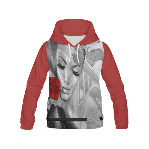 Red Black Grey Rose Flower Girl All Over Print Hoodie for Women (USA Size) (Model H13)