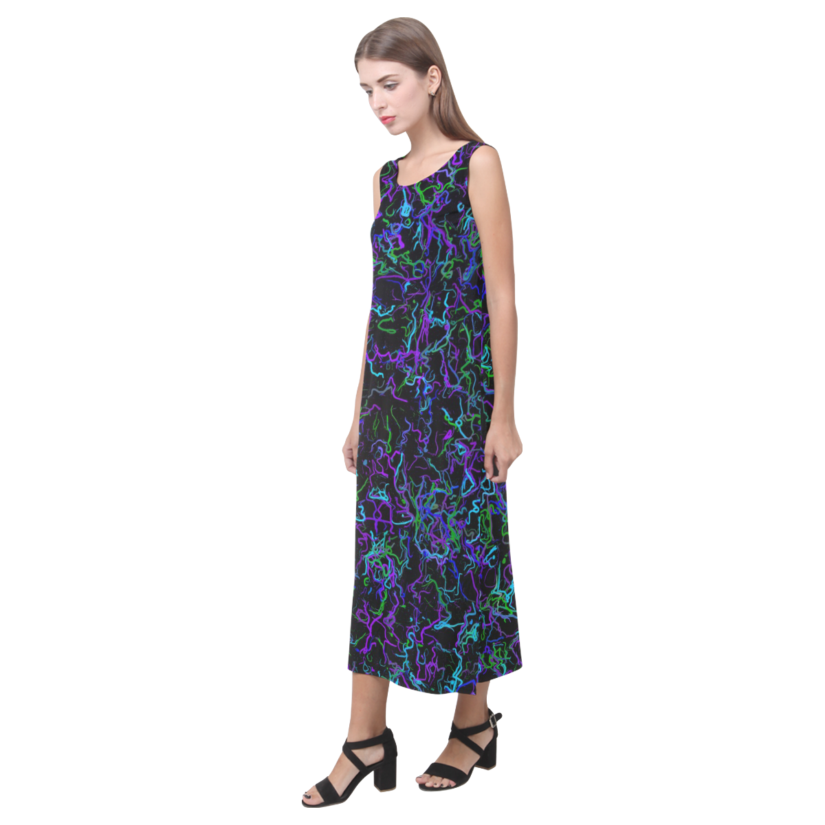 Purple, Blue, Green and Black Phaedra Sleeveless Open Fork Long Dress (Model D08)
