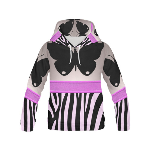 Pink Black Fushia Stripes Butterfly All Over Print Hoodie for Women (USA Size) (Model H13)