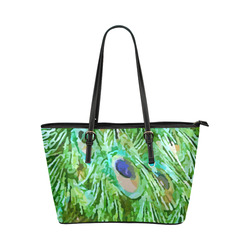 Watercolor Peacock Feathers Leather Tote Bag/Large (Model 1651)