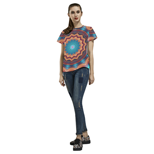 Blue Feather Mandala All Over Print T-Shirt for Women (USA Size) (Model T40)