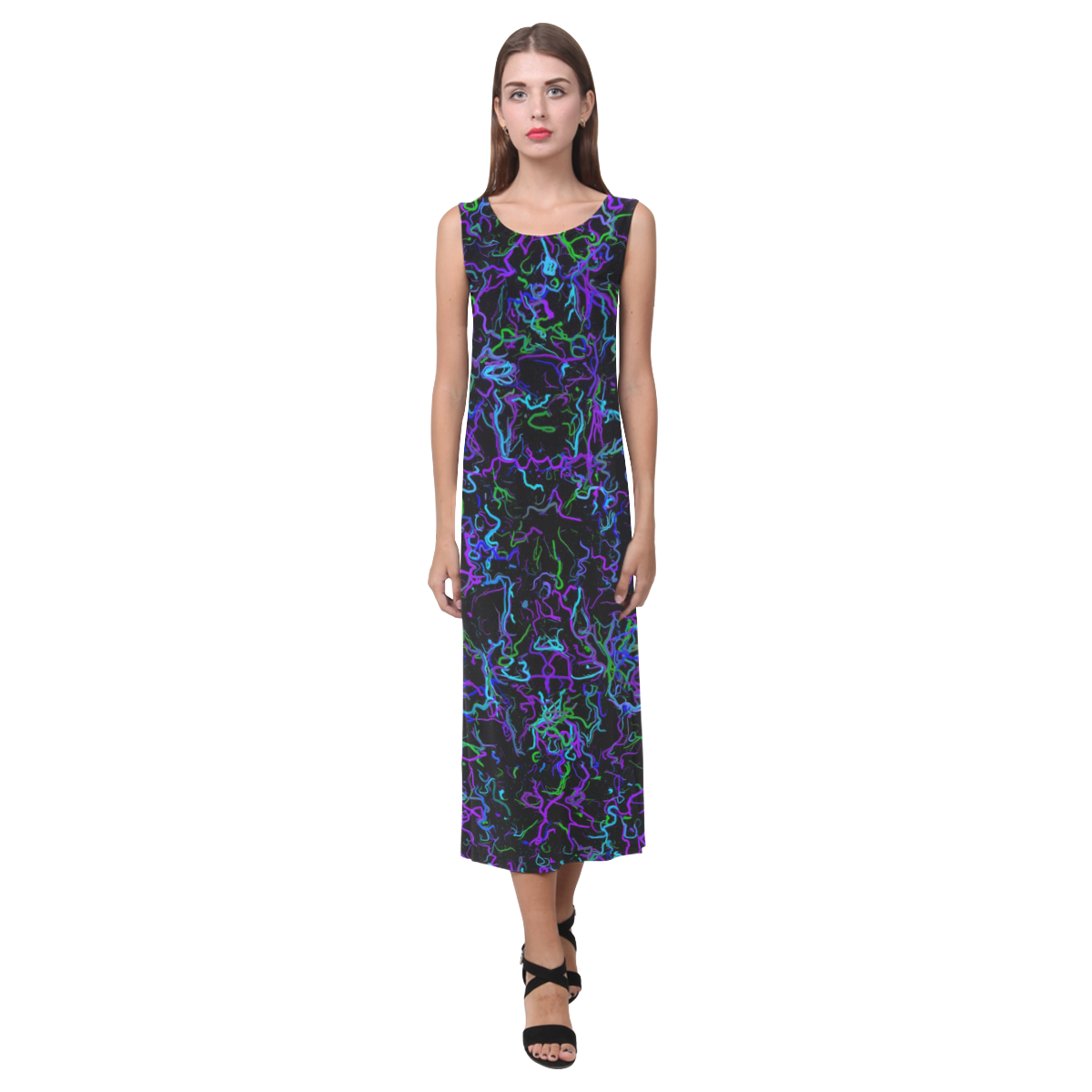 Purple, Blue, Green and Black Phaedra Sleeveless Open Fork Long Dress (Model D08)