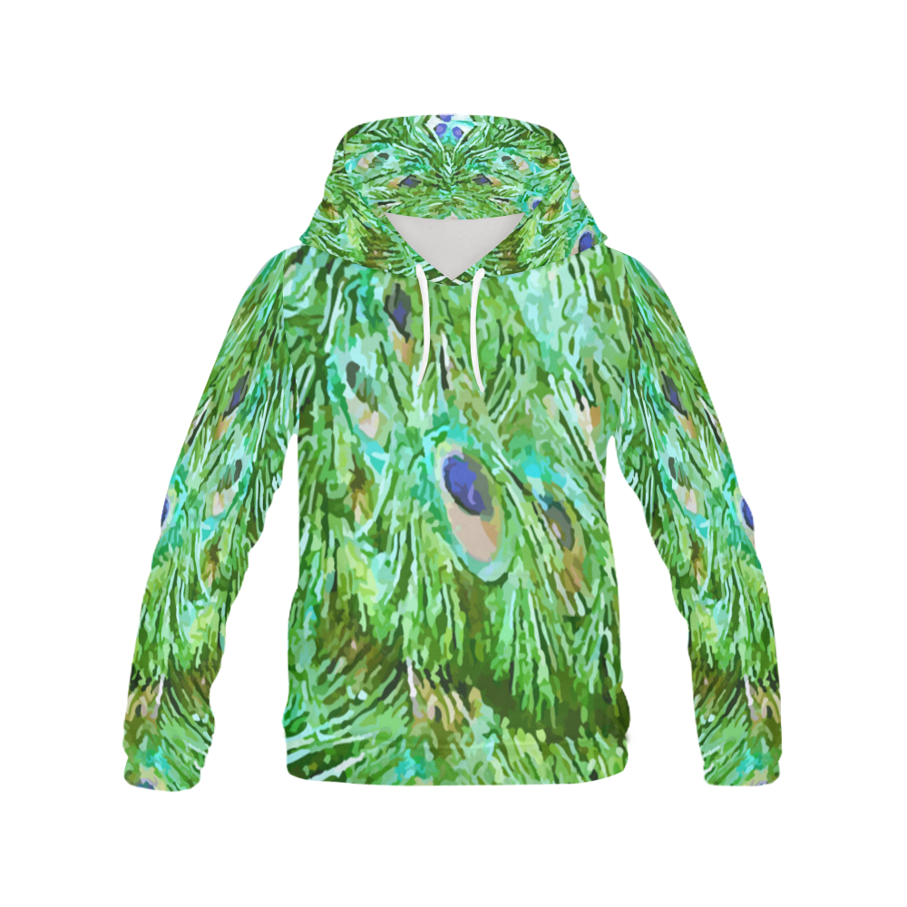 Watercolor Peacock Feathers All Over Print Hoodie for Women (USA Size) (Model H13)