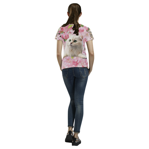 Cat and Flowers All Over Print T-Shirt for Women (USA Size) (Model T40)