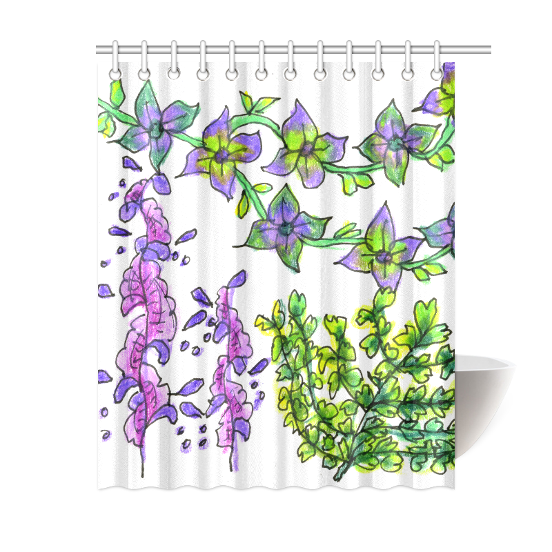Abstract Purple Green Birds Singing Flowers Garden Shower Curtain 60"x72"