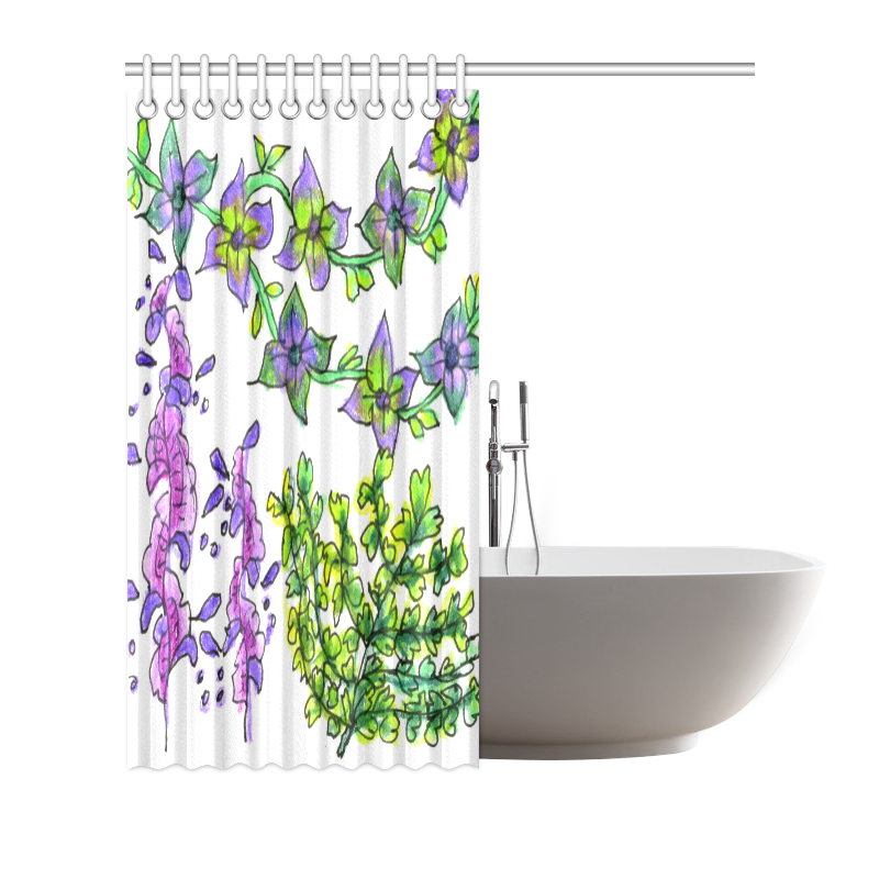 Abstract Purple Green Birds Singing Flowers Garden Shower Curtain 66"x72"