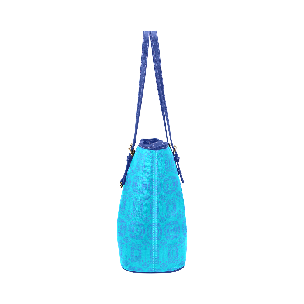 Abstract Blue and Turquoise Damask Pattern Leather Tote Bag/Large (Model 1651)
