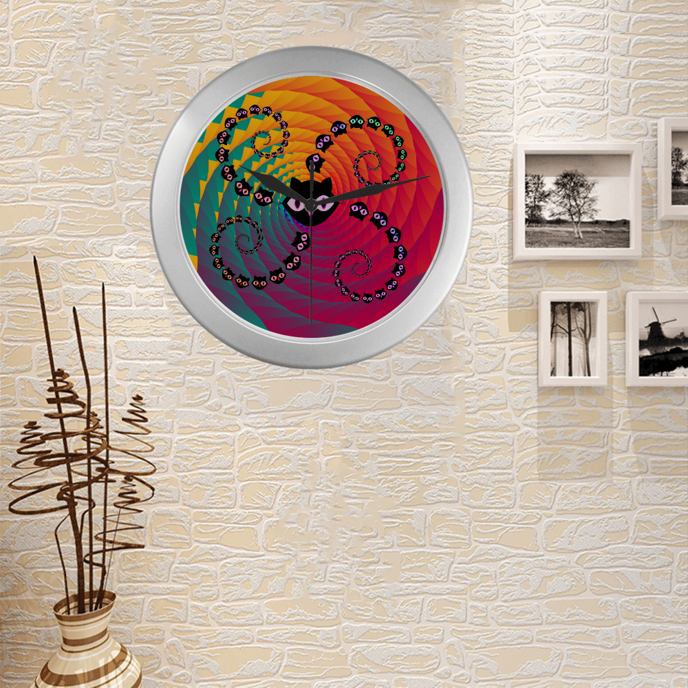 Rainbow Spiral Cats Silver Color Wall Clock