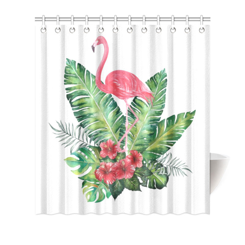 Pink Flamingo Tropical Floral Hibiscus Shower Curtain 66"x72"