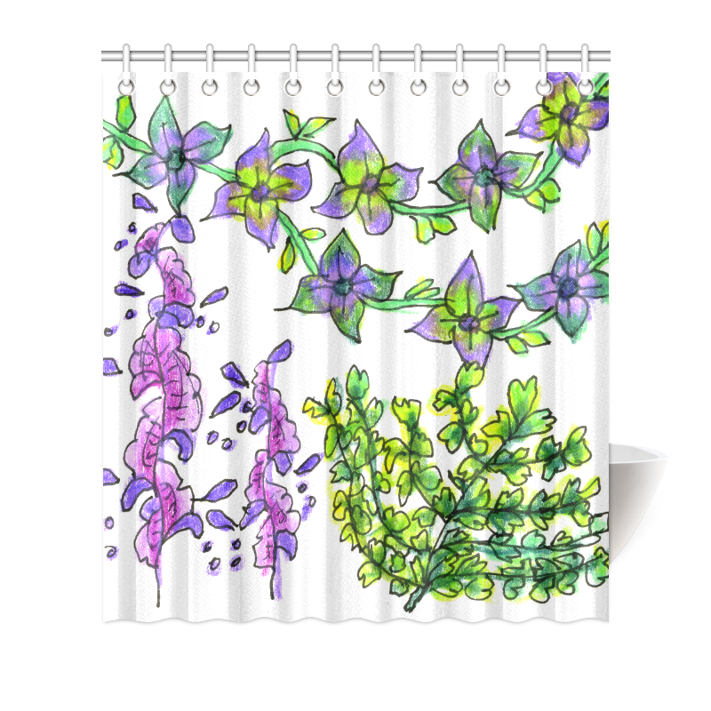 Abstract Purple Green Birds Singing Flowers Garden Shower Curtain 66"x72"