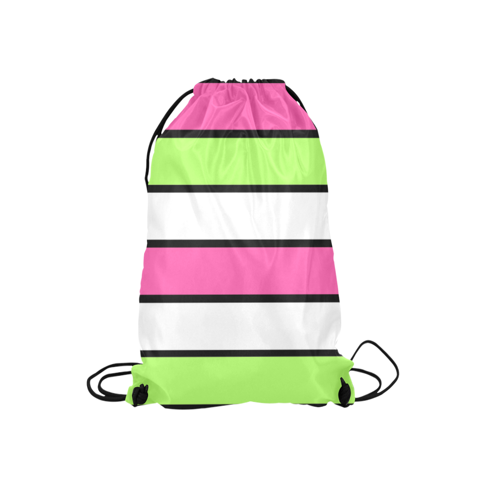 Hot Pink, Lime Green, Black and White Stripes Small Drawstring Bag Model 1604 (Twin Sides) 11"(W) * 17.7"(H)