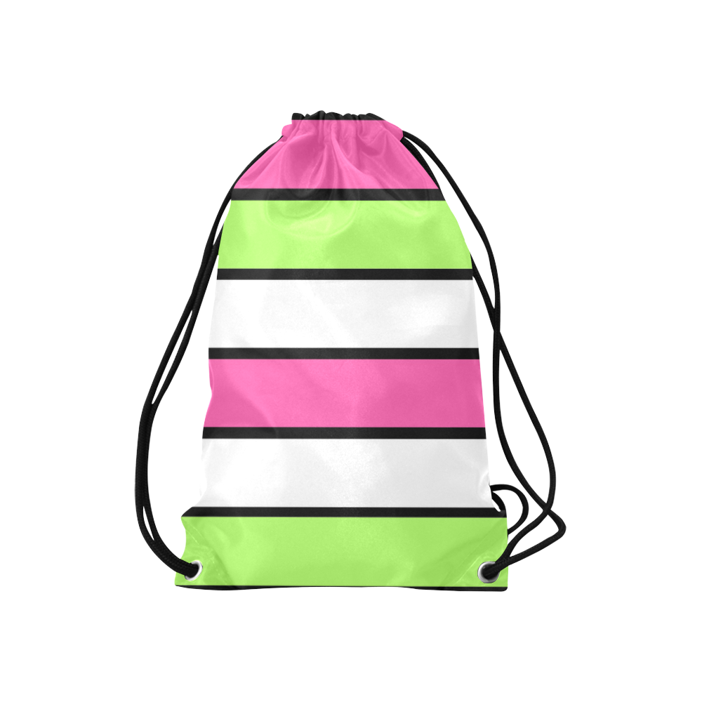 Hot Pink, Lime Green, Black and White Stripes Small Drawstring Bag Model 1604 (Twin Sides) 11"(W) * 17.7"(H)