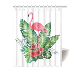 Pink Flamingo Tropical Floral Hibiscus Shower Curtain 60"x72"