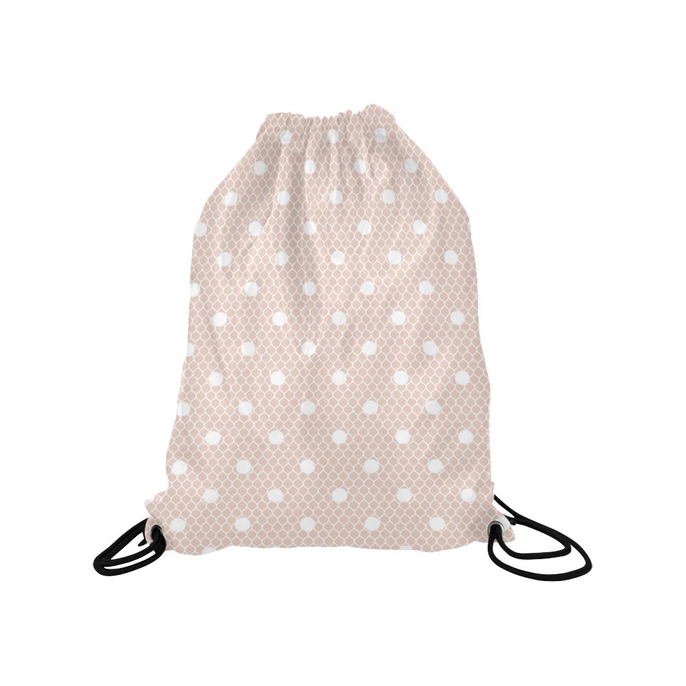 White Pink Polka Dots, Lace Pattern Medium Drawstring Bag Model 1604 (Twin Sides) 13.8"(W) * 18.1"(H)