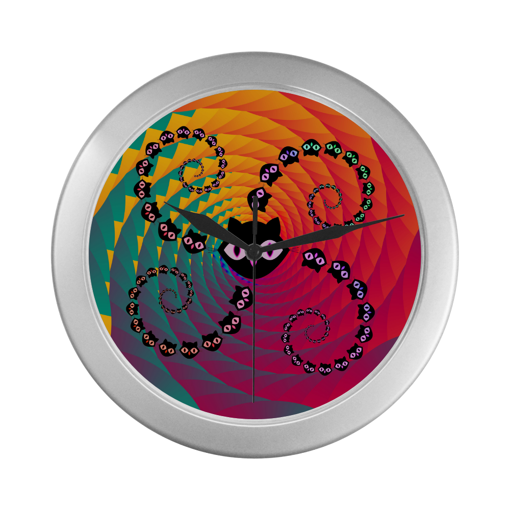 Rainbow Spiral Cats Silver Color Wall Clock