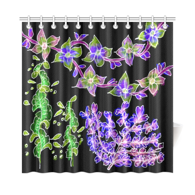 Psychedelic Purple Green Dancing Flowers Glow Shower Curtain 72"x72"
