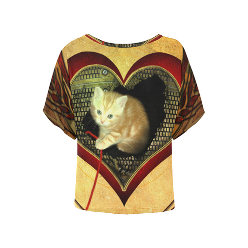Cute kitten on a heart Women's Batwing-Sleeved Blouse T shirt (Model T44)