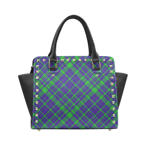 Diagonal Green & Purple Plaid Hipster Style Rivet Shoulder Handbag (Model 1645)