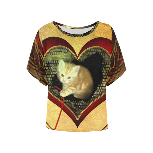 Cute kitten on a heart Women's Batwing-Sleeved Blouse T shirt (Model T44)